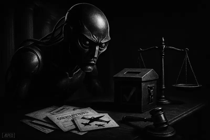 A looming AI machine faces a ballot box and justice scales in a dark Washington hallway with lobbying and military symbols.