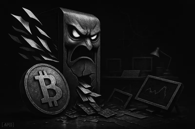 A cracked AI server spills papers as a bitcoin token slides downward among broken circuits in a dark, tense grayscale market scene.
