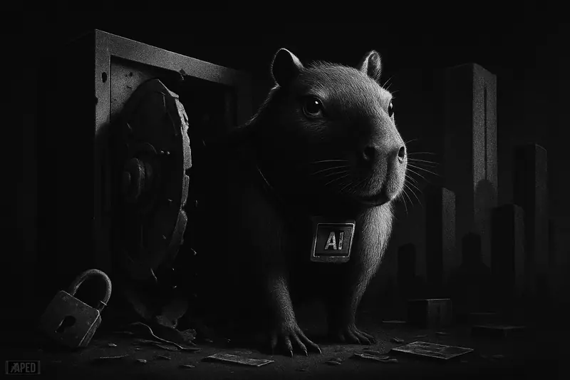 A giant capybara-like AI beast emerges from a broken data vault amid dark server machinery and cybersecurity debris in stark black and white.