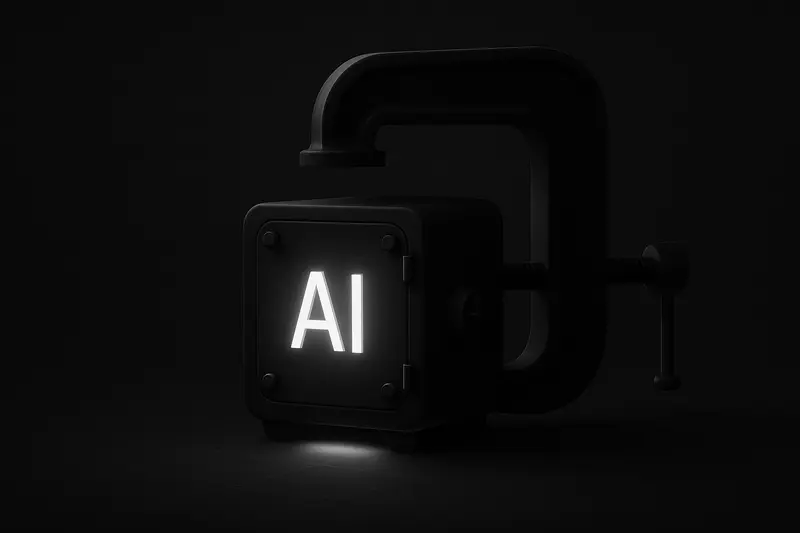 A luminous cube-shaped vault wrapped in chains, pressed by a massive shadowy clamp against a dark, circuit-textured background.