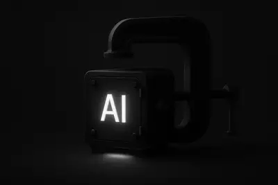 A luminous cube-shaped vault wrapped in chains, pressed by a massive shadowy clamp against a dark, circuit-textured background.