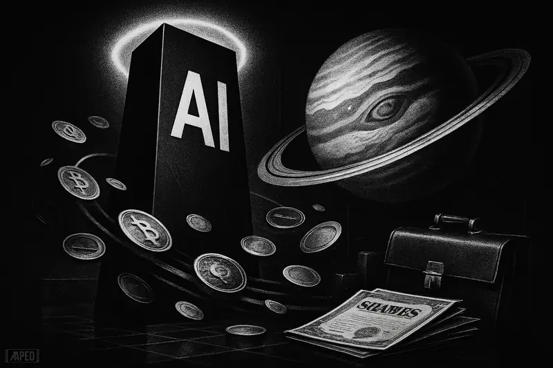 A futuristic AI monolith towers above swirling tokenized assets as a giant planet pulls markets upward in a dark grayscale trading scene.