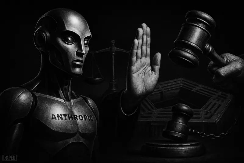 A grayscale AI sentinel faces a halted gavel before a shadowy Pentagon, with scales of justice in a dark cinematic courtroom scene.