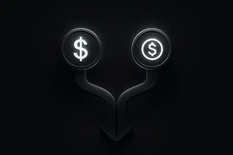 Two glowing coin-like discs stream into a sleek dark conduit, forming a single bright payment pulse on black.
