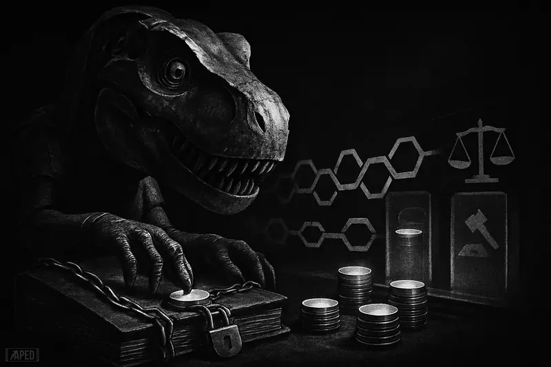 A robotic T-rex guards a locked ledger while geometric network links route tokenized asset discs through compliance gates on a dark data grid.
