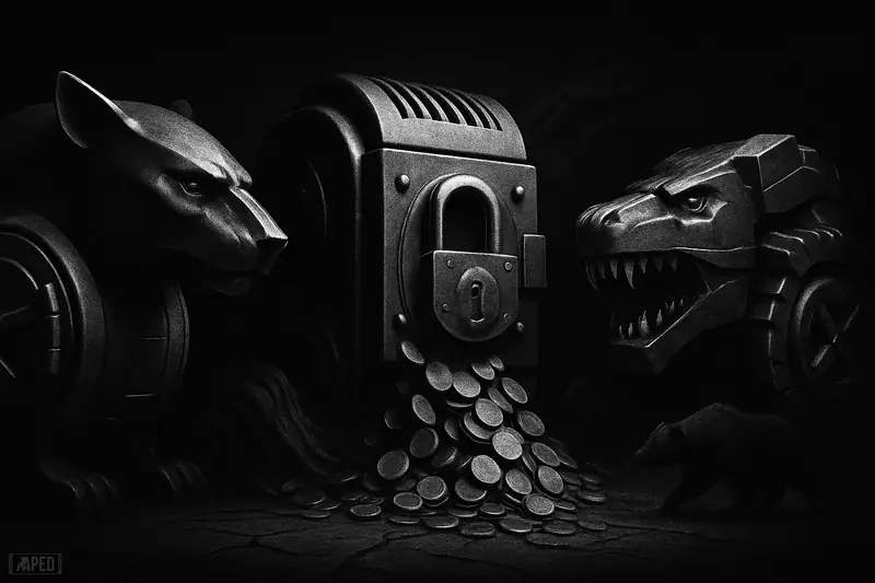 Three looming vault-like crypto beasts open as token floods spill onto a dark trading floor under moody grayscale lighting.