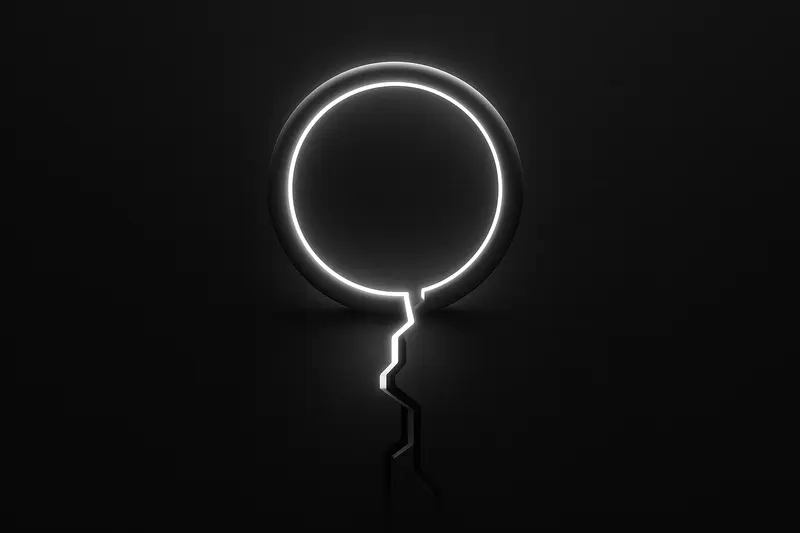 A dark cover with a glowing neon ring hovering above a fractured circuit path, with faint data pulses radiating outward.