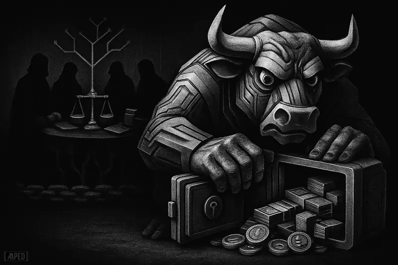 A grayscale crypto treasury chamber shows a metallic guardian over an open vault while shadowy governors debate under dark network rails.