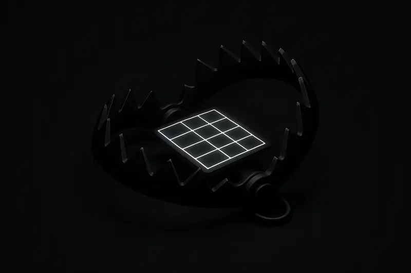 Neon grid of branching probability lines caught in a steel bear trap, lit by red warning glow on black.