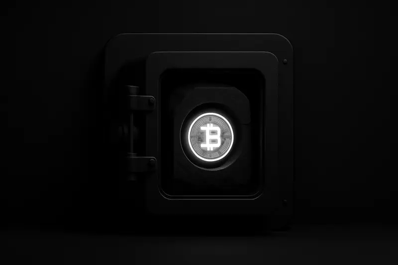 Black cover with a sandstone vault door shaped like a desert canyon, encasing a glowing crystalline coin and faint circuit lines.