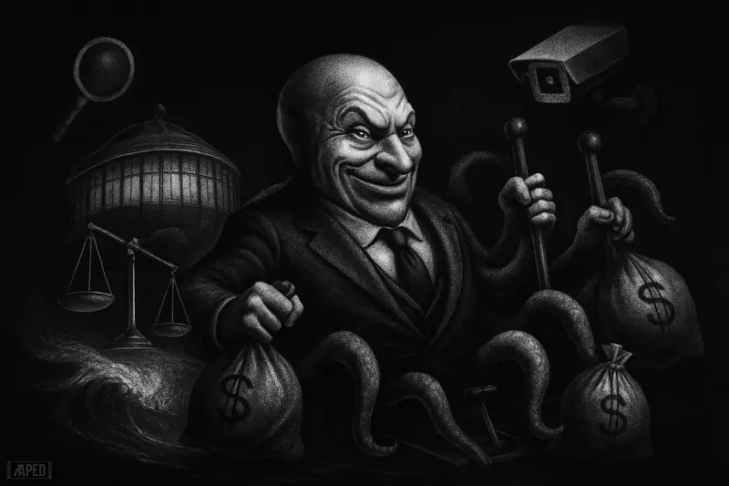 A grayscale octopus trader in a suit manipulates levers and withdraws bags as a trading arena surges under dark forensic lighting.
