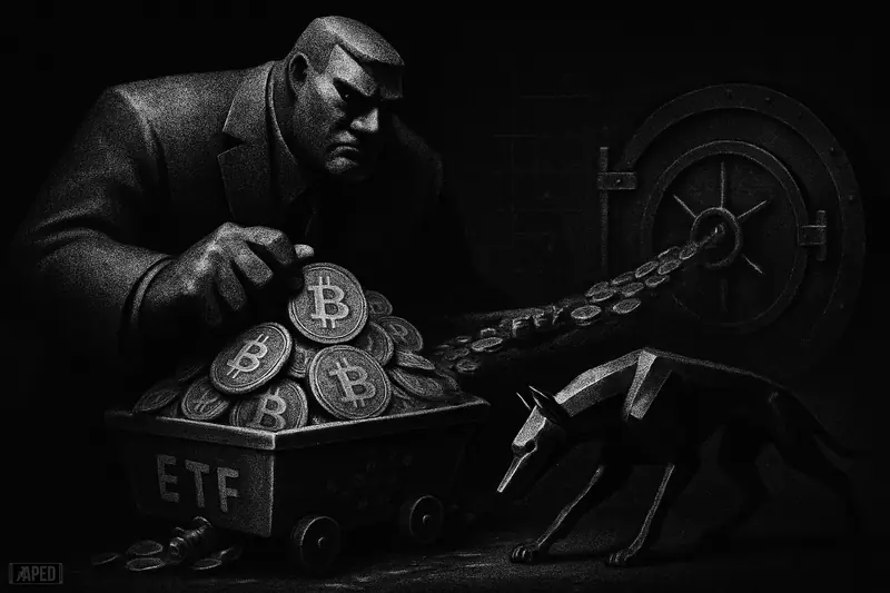 A granite corporate titan loads Bitcoin into a vault cart while a shadowy tracking hound stalks beside it in a dark grid-lined scene.