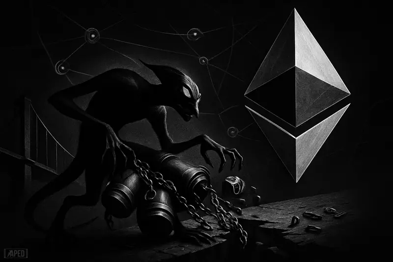 A shadowy thief-like creature crosses a broken bridge toward an Ethereum-like crystal as tracing drones track four stolen vault capsules.