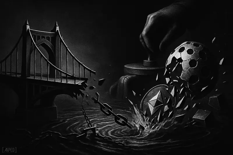 A broken crypto bridge collapses into drained liquidity pools as fractured network spheres and a shadowy minting hand imply a cross-chain exploit.