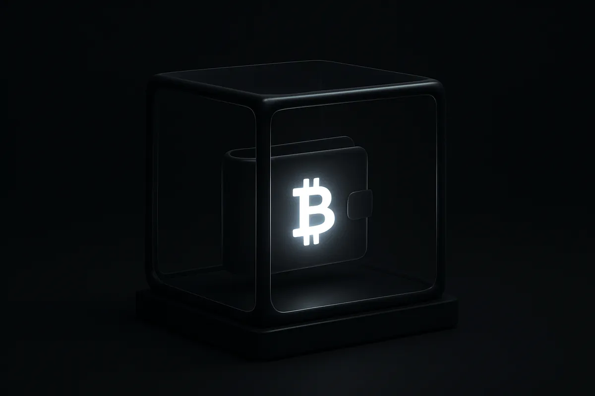 A glowing geometric wallet icon suspended inside a clear glass cube, surrounded by faint grid lines on a black background.