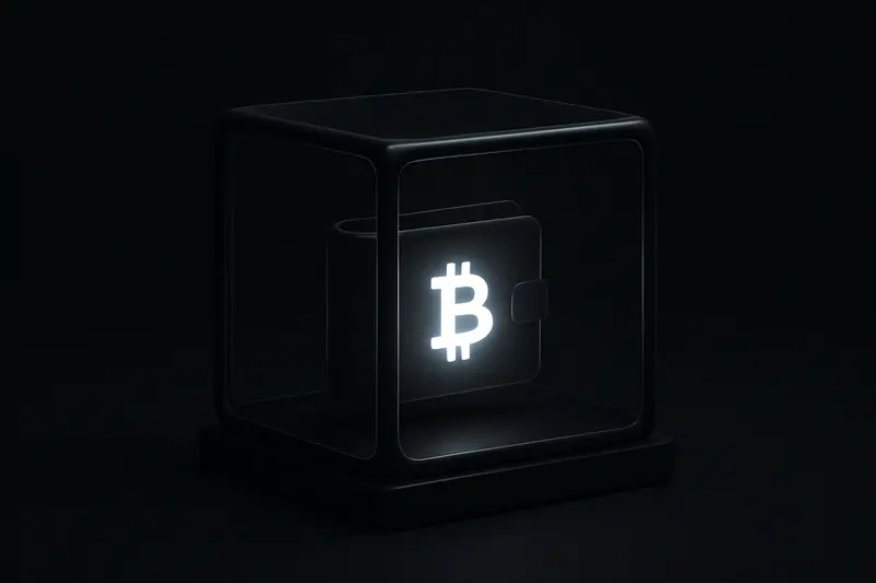 A glowing geometric wallet icon suspended inside a clear glass cube, surrounded by faint grid lines on a black background.