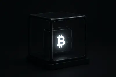 A glowing geometric wallet icon suspended inside a clear glass cube, surrounded by faint grid lines on a black background.