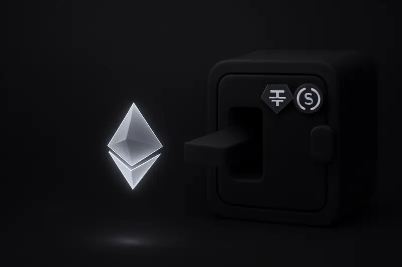 A luminous faceted crystal dropping into a matte-black armored vault opening, with thin neon circuit lines on a dark background.