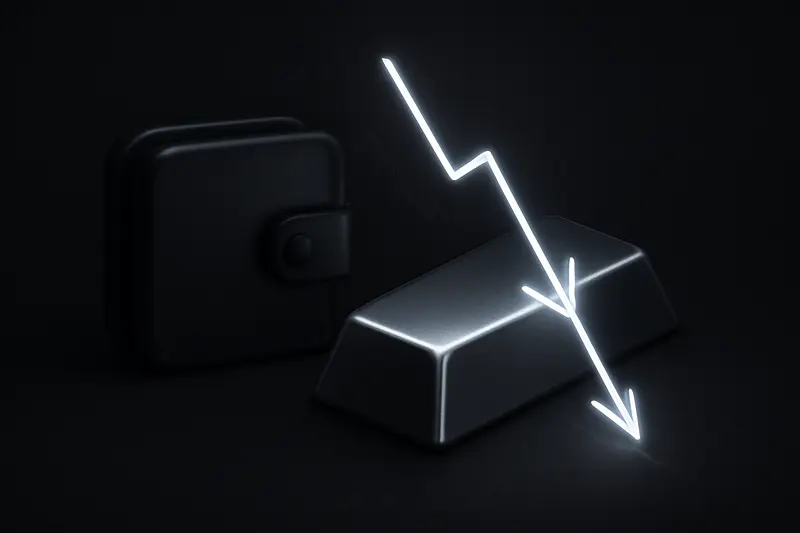 On a black background, a luminous silver bar is sliced by a sharp neon downward arrow, with faint circuit-like lines around it.