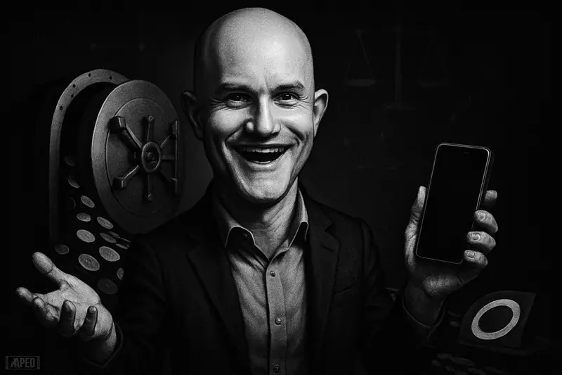 Brian Armstrong in a gritty grayscale caricature, gesturing confidently as a bank vault releases token-like discs into blockchain payment rails.