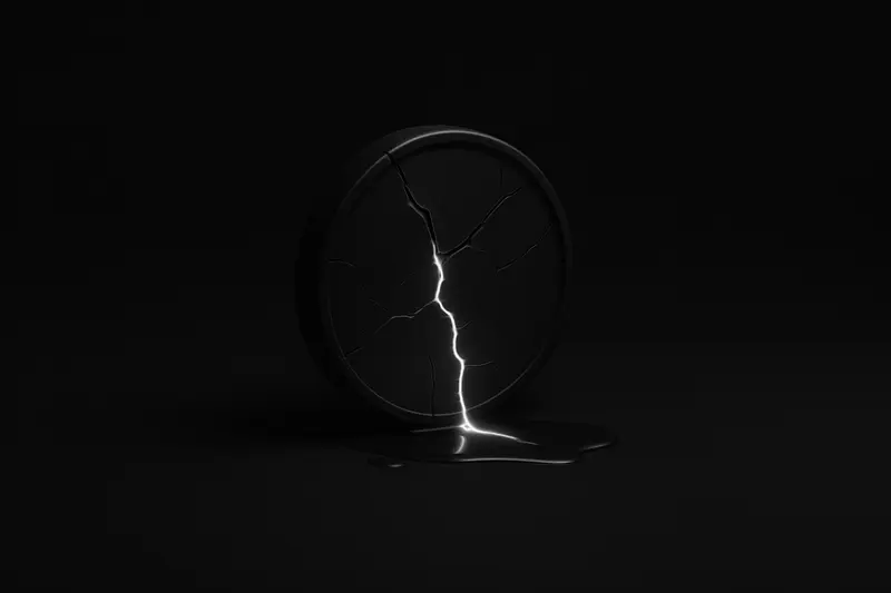 A fractured glass coin glowing faintly, light spilling into a shallow puddle on a dark, futuristic background.