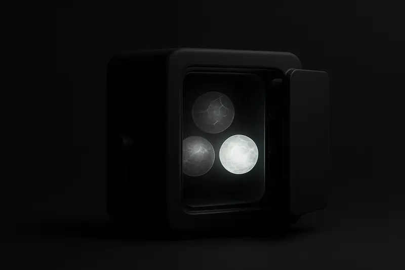 A matte-black vault cracked open, revealing three glowing cores—golden, oil-dark, and orange—floating in smoky darkness.