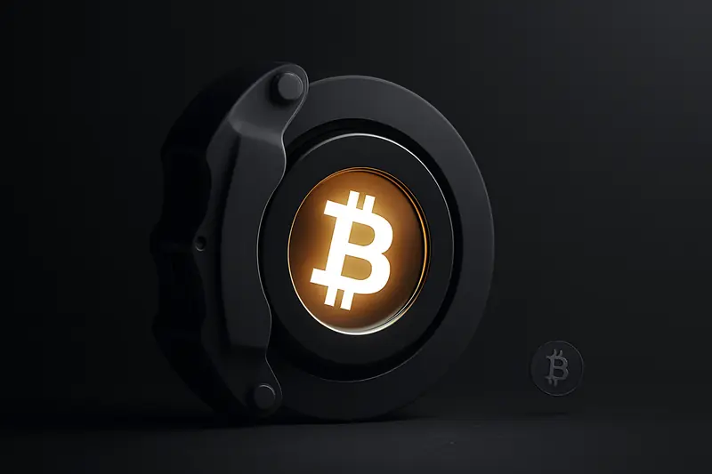 A luminous gold coin clamped by a matte-black brake caliper, with faint red market lines fading into a dark background.