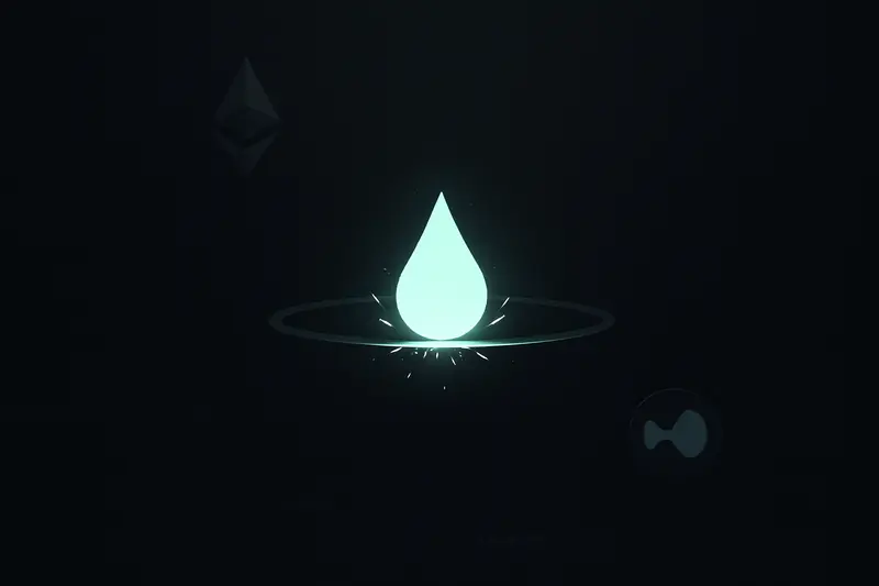 Neon-blue liquid droplet on a black background bursting through a fractured circular barrier with sharp, upward light streaks.