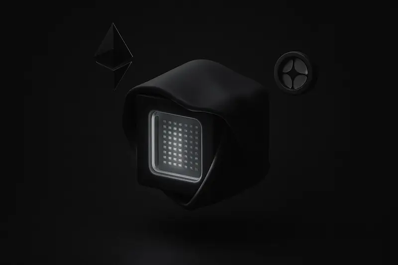 Neon-lit translucent cube with grid-like depth, wrapped in dark smoky ribbons and faint circuit lines on a black background.