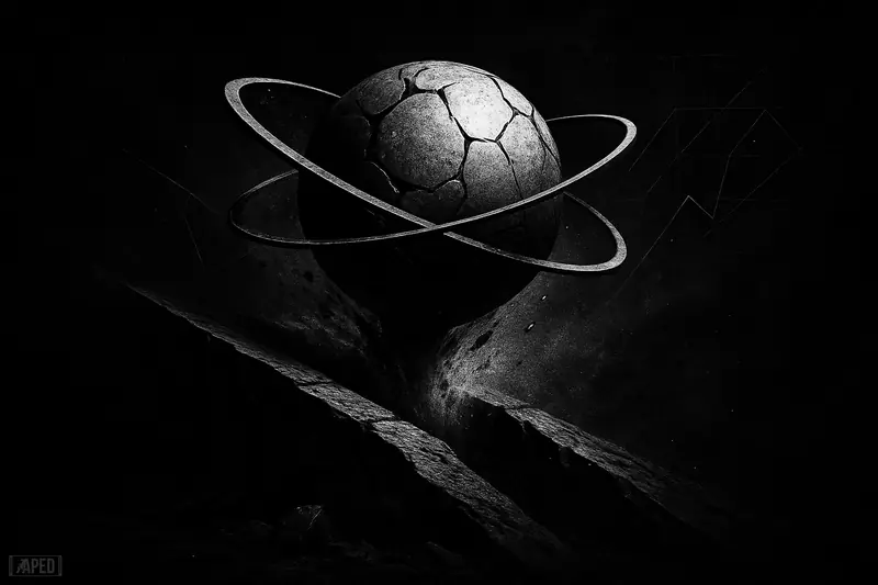 A metallic atomic sphere bursts upward from a narrowing stone channel in a dark grayscale scene with cosmic lattice shapes and dramatic lighting.