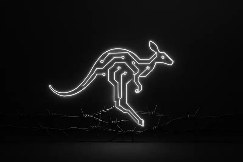 Neon kangaroo-shaped circuit glow presses through dark barbed wire, with scattered blockchain nodes and faint gridlines on black background.