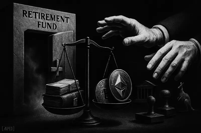 A looming pension vault and wavering scale weigh locked paperwork against logo-free crypto tokens, under moody light with regulatory props.