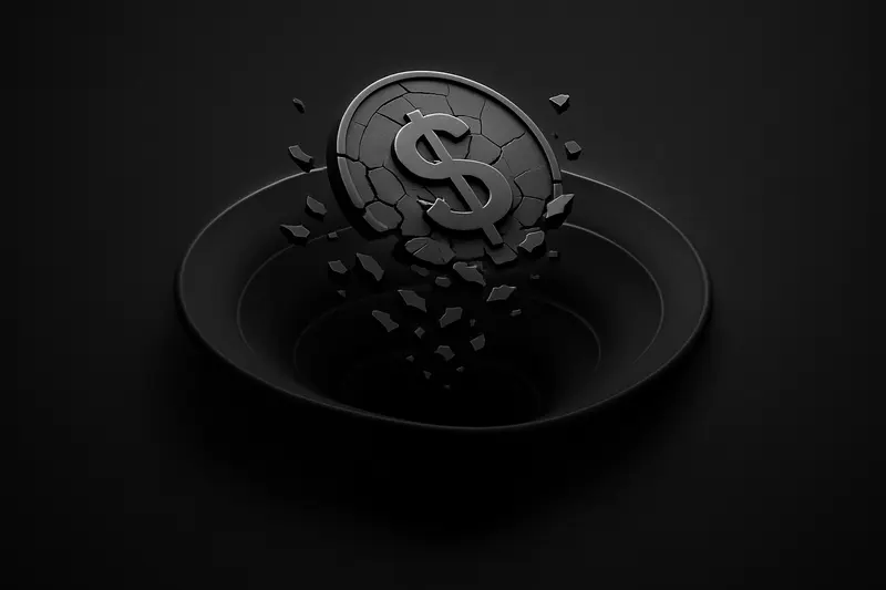 A shattered glowing coin ring collapses into a black vortex, with faint blockchain-like lines fading into darkness.