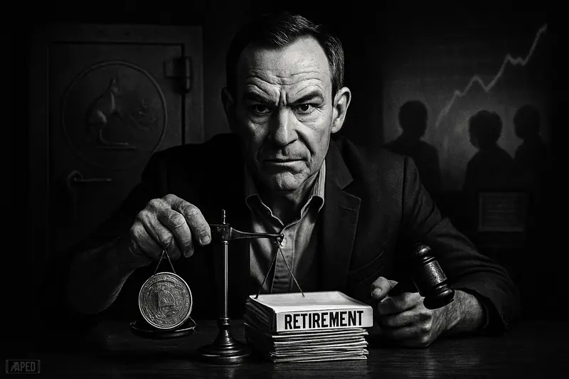Sam Sicilia caricature at a dark desk weighs a crypto coin against retirement papers, with gavel, vault, and retirees watching in shadows.