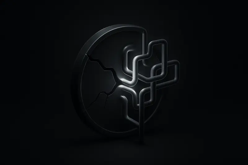 A cracked metallic coin on a black background, with neon-lit pipework and circuit lines glowing through the fracture.