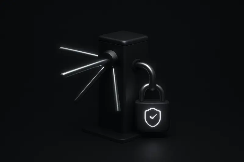 A dark metallic turnstile with a large padlock, faint red warning glow, and scattered neon circuit lines on black.