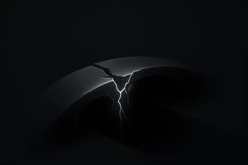 Neon-blue fractured ice platform with jagged cracks and falling shards above a deep black void, faint red glow below