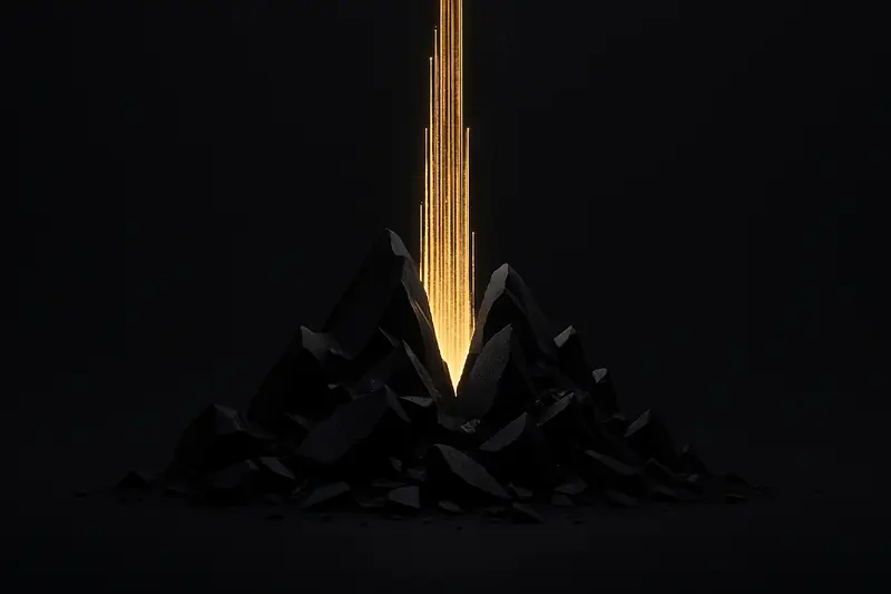 A jagged, cracked ice mountain in darkness, pierced by a bright golden stream of glowing blocks and particles.