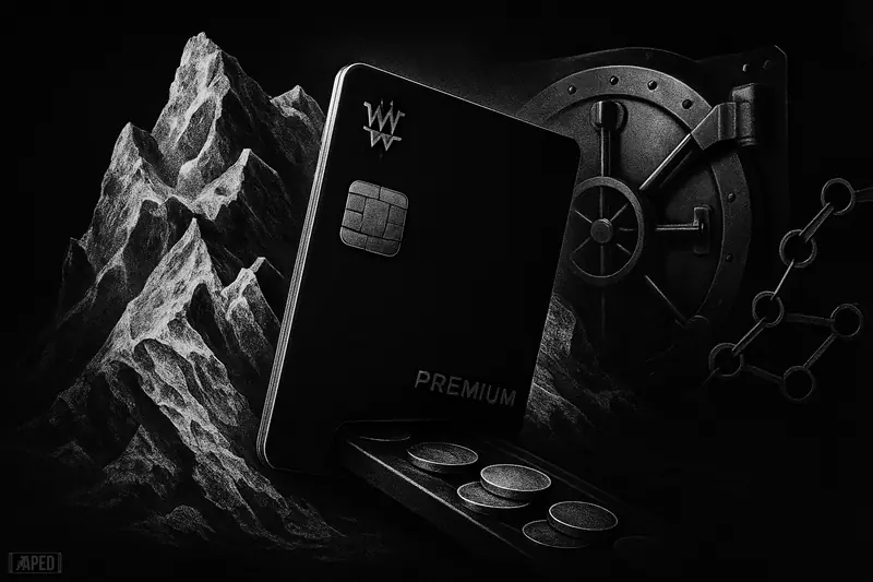 A dramatic grayscale payment card towers before icy blockchain forms, with bank vault and payment hardware suggesting regulated crypto settlement.