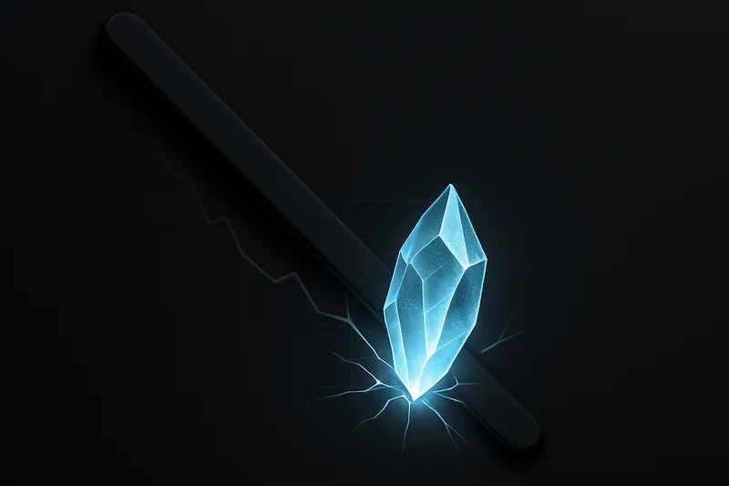 Ice-blue crystalline shard pushes into a glowing red diagonal barrier, scattering particles over a deep black background.