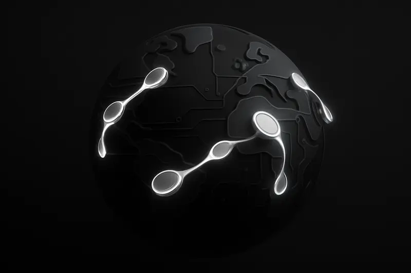 Glowing liquid-like coins stream through a circuit-lined globe, forming bright network arcs on a dark, minimal background.