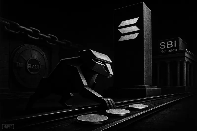 A grayscale trading machine sends metal discs along rails toward a futuristic blockchain tower as an older rival structure fades behind.