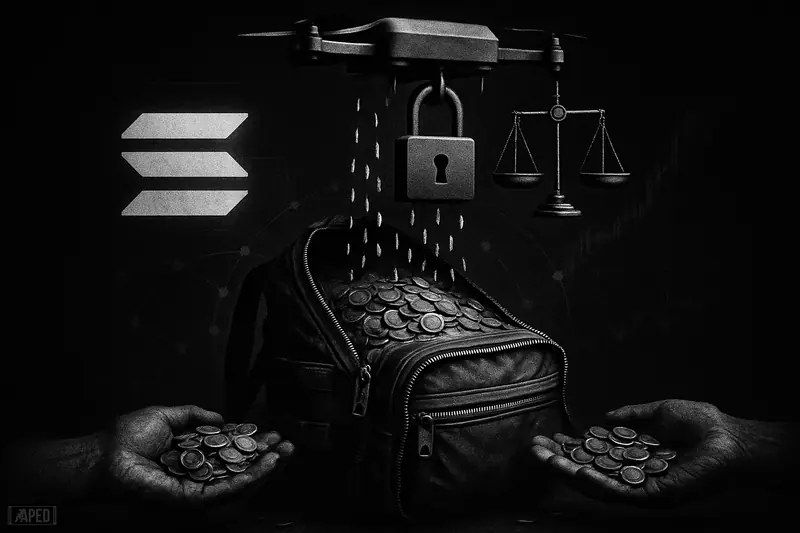 An open vault-like backpack releases tokens into many hands under a controlled airdrop rig, with lock, scales, and Solana-style geometry.