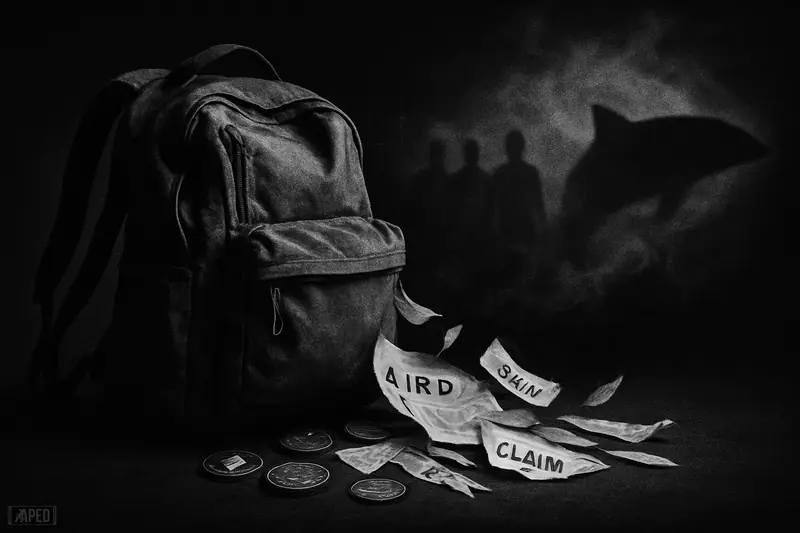 A distressed backpack spills tokens and papers in a dark grayscale scene, with whale shadows and fading duplicates suggesting crypto launch controversy.