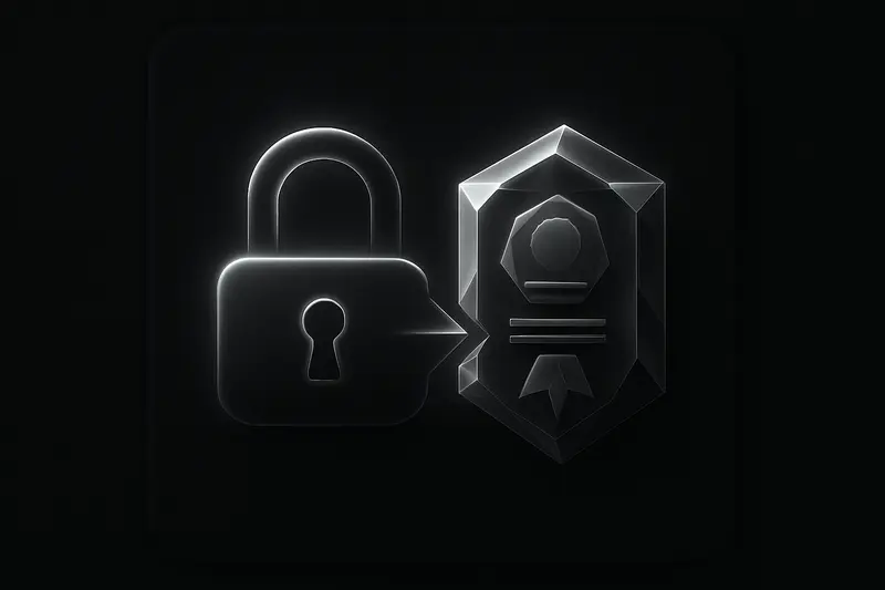 A luminous crypto token locked inside a dark padlock, transforming into a sharp, glass-like equity shard on black.
