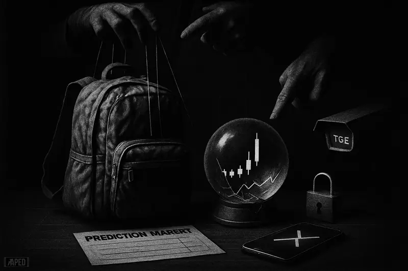 A giant backpack on a trading desk, puppet‑strung by shadowy hands, beside a crystal ball showing a single price spike in grayscale.