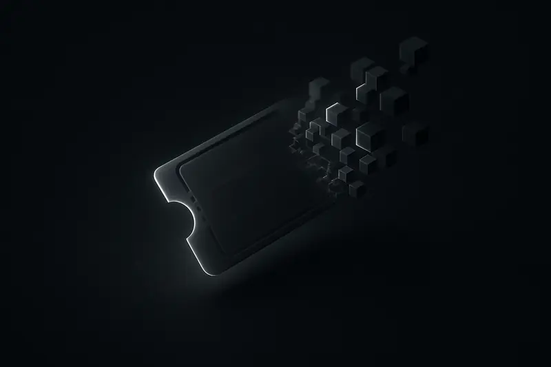 Neon ticket stub hovering above a dark grid, breaking into glowing cubes and flowing into a sleek chain-like pathway.