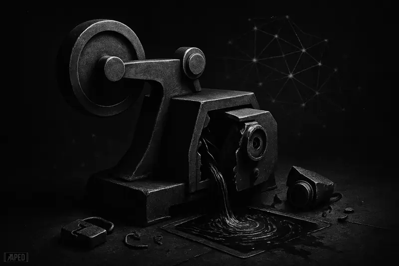 A cracked balancing-scale-like DeFi machine leaks dark liquidity beside a smashed lock, under stark cinematic lighting and a faint data grid.