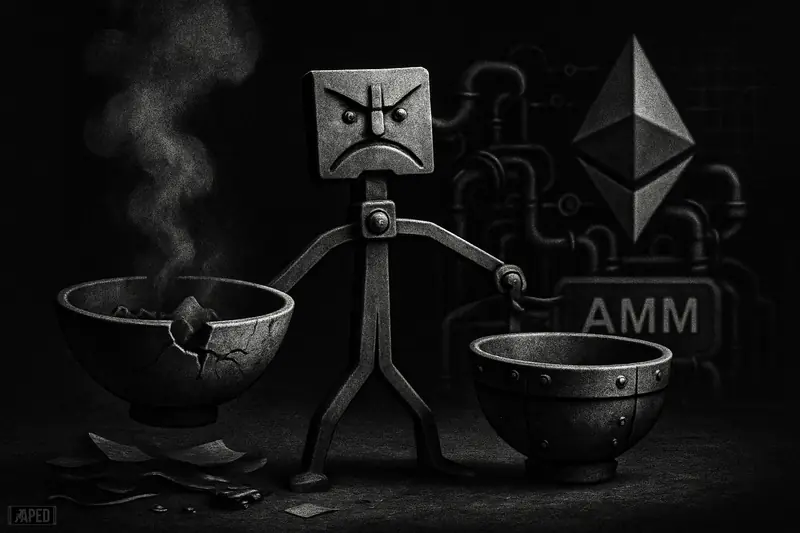 A grim monochrome scene of a cracked balancing scale beside a still-running DeFi machine, with broken locks and an Ethereum-like crystal in shadow.