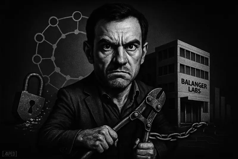 Fernando Martinelli cuts a chain from a crumbling corporate office as fractured security and DeFi network symbols loom in a dark grid.